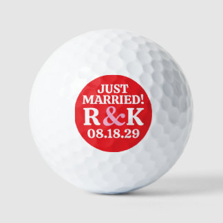 Balles De Golf Mariés Monogramme & Ampersand Rose, Fond Rouge