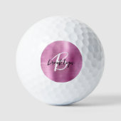 Balles De Golf Métal brossé rose Noir Blanc Script Monogramme (Recto)