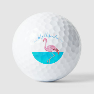 Balles De Golf Monogramme bleu tropical Nom Flamant rose rose noi