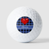 Balles De Golf Monogramme Buffalo Plaid Noir Bleu coeur rouge (Recto)
