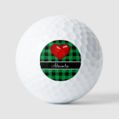Balles De Golf Monogramme Buffalo Plaid Vert Noir coeur rouge (Recto)