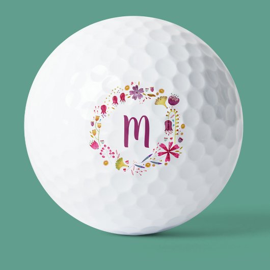 Balles De Golf Monogramme de fleurs d'aquarelle moderne