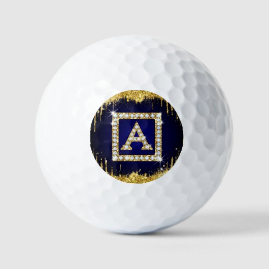 Balles De Golf Monogramme doré initial A avec paillettes bleues (Recto)