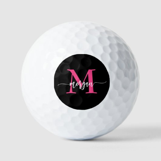 Balles De Golf Monogramme élégant moderne rose chaud noir (Recto)