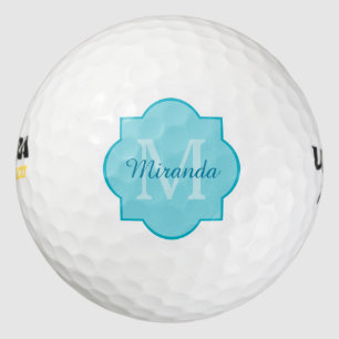 Balles De Golf Monogramme et nom de Quatrefoil bleu turquoise cla
