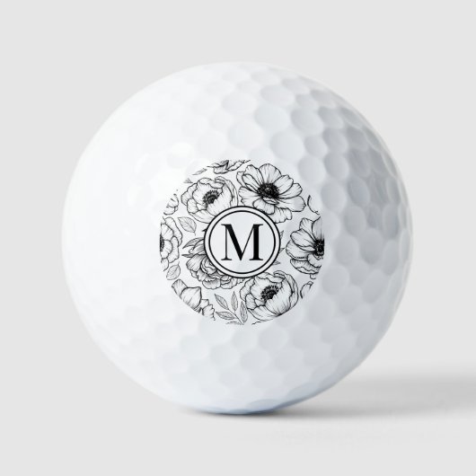 Balles De Golf Monogramme floral noir blanc (Recto)