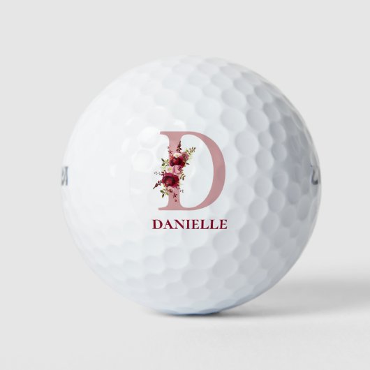 Balles De Golf Monogramme initiale D floral rose carmin (Devant)
