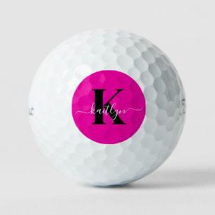Balles De Golf Monogramme moderne noir écriture cursive rose chau