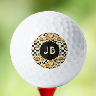 Balles De Golf Monogramme Retro Super Daisy Checkerboard