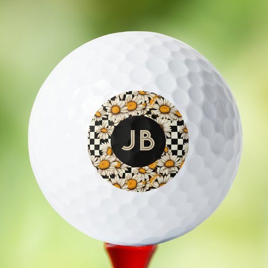 Balles De Golf Monogramme Retro Super Daisy Checkerboard