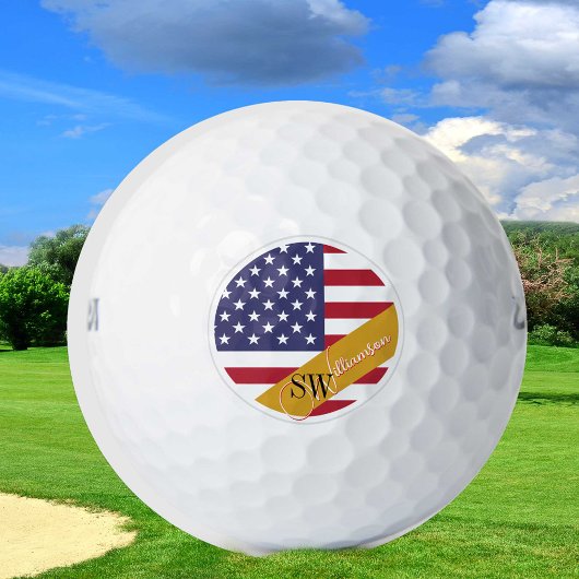 Balles De Golf Monogramme USA Golf & American Flag / Golden