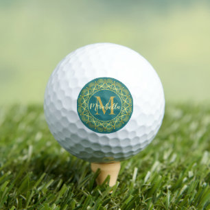 Balles De Golf Monogrammed Elegant Mandala Green et Gold Girly