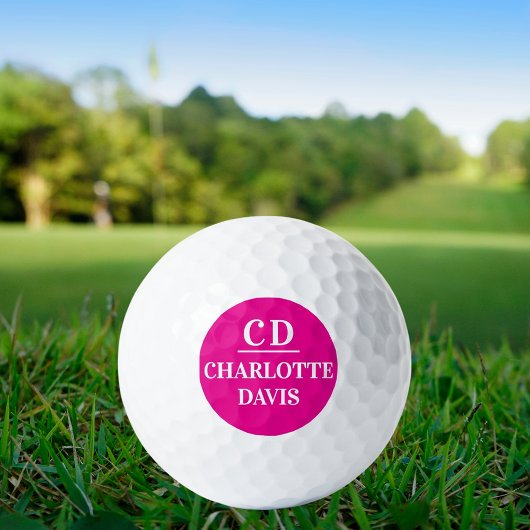 Balles De Golf Nom de monogramme blanc rose chaud