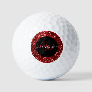 Balles De Golf Nom de parties scintillant rouge monogramme élégan