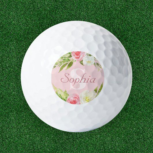 Balles De Golf Nom du monogramme Aquarelle rose Floral