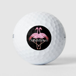 Balles De Golf Nom Monogramme moderne Flamant rose rose noir