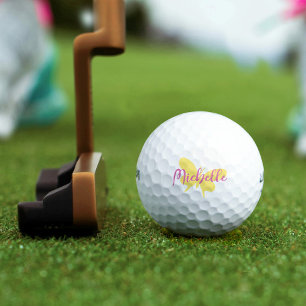Balles De Golf Nom rose du script de papillon jaune muet