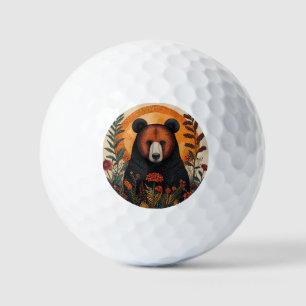 Balles De Golf Ours artistique parmi des fleurs botaniques vibran