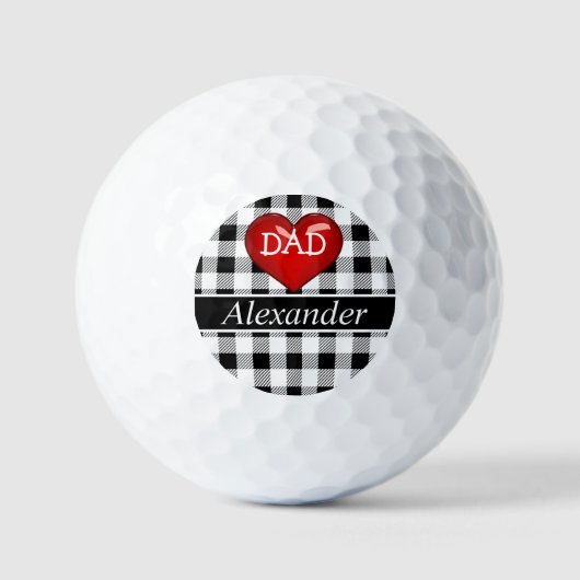 Balles De Golf Papa Monogram Buffalo Plaid Noir blanc rouge coeur (Recto)