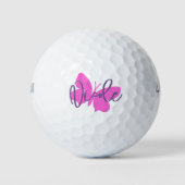 Balles De Golf Papillon rose golf et nom en écriture violette (Devant)