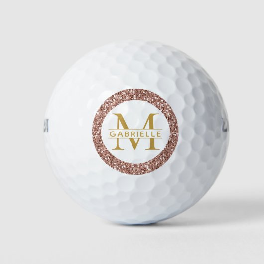 Balles De Golf Rose Gold Pailleté Monogramme et Nom (Devant)