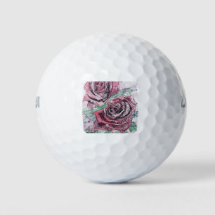 Balles De Golf Rose rouge Fleurs d'aquarelle peinture florale