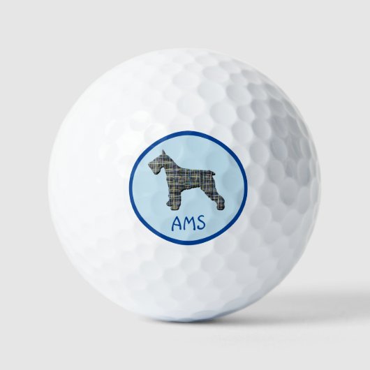 Balles De Golf Schnauzer Chien Silhouette Monogramme Grille Bleu (Recto)