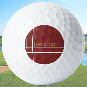 Balles De Golf Simple rouge foncé et or minimaliste nom personnal