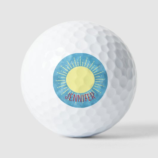 Balles De Golf Sunshine Jaune Dans Ciel Bleu Nom Personnalisé (Recto)