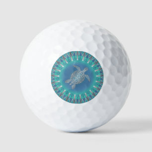 Balles De Golf Turtle en argent turquoise Mandala Coastal