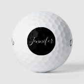 Balles De Golf Votre nom | Élégant script blanc sur noir (Devant)