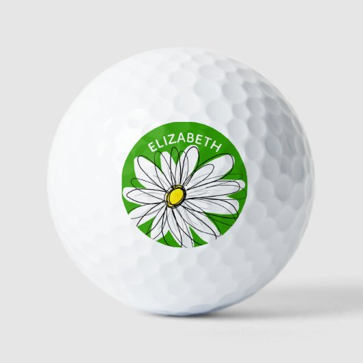 Balles De Golf Whimsical Daisy with Name - Green and Yellow (Recto)