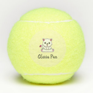 Balles De Tennis Nom personnalisé mignon chat blanc sur jaune