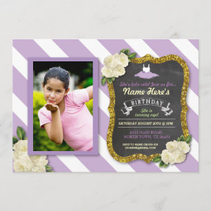 Ballet Dancer Tutu Paars Glitter Birthday Invite Kaart