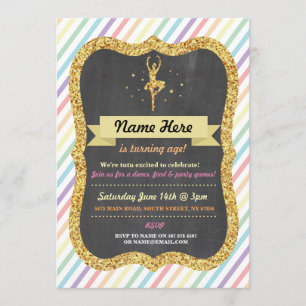 Ballet Rainbow Pink Gold Glitter Birthday Invite Kaart