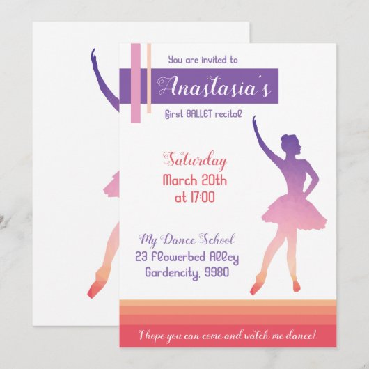 Ballet, uitnodiging voor een paarse ballerina (Voorkant / Achterkant)