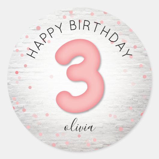 Ballon 3rd Birthday Brick Pink Confetti Ronde Sticker (Voorkant)