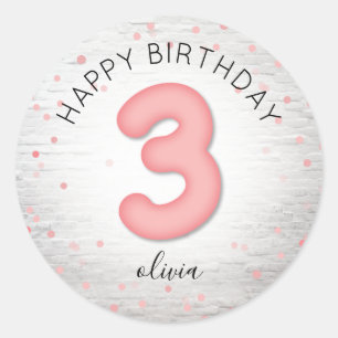 Ballon 3rd Birthday Brick Pink Confetti Ronde Sticker