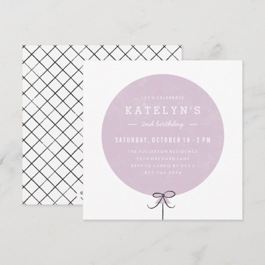 Ballon Birthday Invitation - Lavender Kaart (Voorkant / Achterkant)