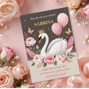 Ballon Birthday Party Pink Gold Swan Princess Folie Uitnodiging