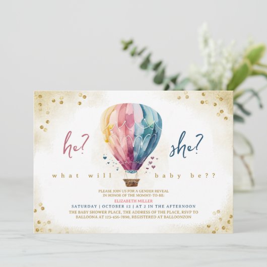 Ballon dat hij of zij Baby shower openbaart Kaart (Staand voorkant)