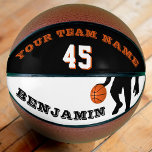 Ballon De Basket Basket-ball moderne avec numéro de nom d'équipe<br><div class="desc">Basketball moderne et personnalisé avec numéro de nom d'équipe. Le design a une silhouette noire d'un joueur de basket-ball avec un basket-ball. Le texte est dans les polices modernes - personnalisez-le avec votre nom d'équipe, numéro et votre nom. Pour customiser la balle, cliquez sur le bouton personnaliser et utilisez facilement...</div>