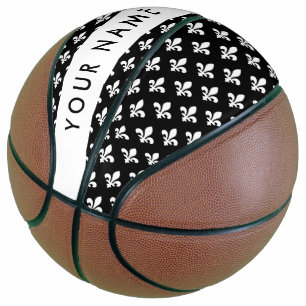 Ballon De Basket Fleur de Lis, Blanc sur Noir, Blanc, Votre Nom