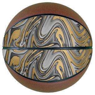 Ballon De Basket Huile Noire, Blanc Et Or Marbré Slick Abstrait