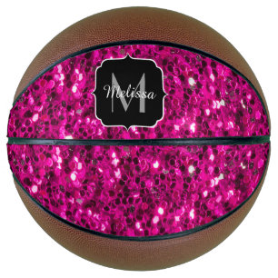 Ballon De Basket Monogramme faux paillettes rose chaud