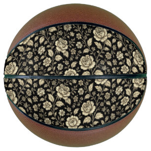 Ballon De Basket Motif floral de rose dorée vintage sur fond noir