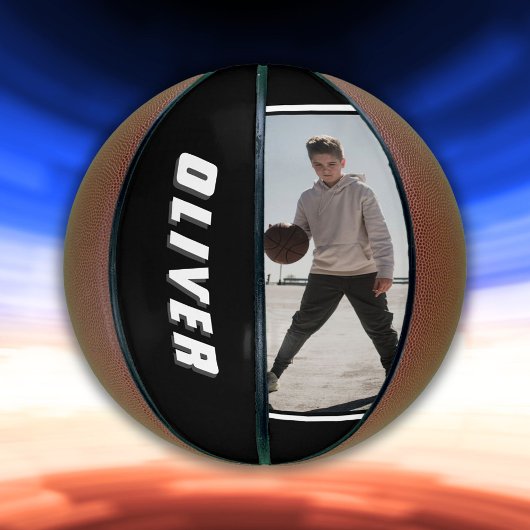 Ballon De Basket Nom noir et blanc moderne Texte Photo Basket