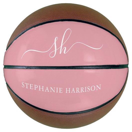 Ballon De Basket Nom personnalisé blanc rose pâle Monogramme (Devant)