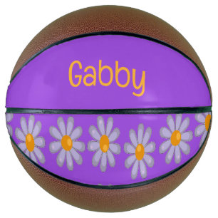 Ballon De Basket Nom personnalisé fleurs bleues sur violet