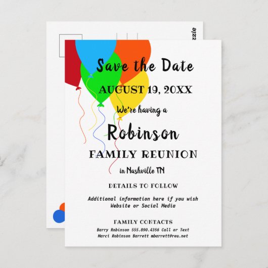 Ballon Design Fun Family Reunion Save the Date Briefkaart (Voorkant / Achterkant)